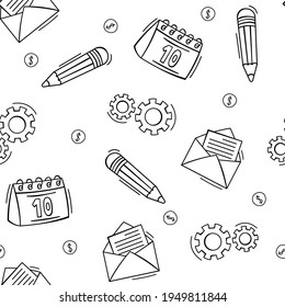 Hand drawn seamless pattern of business and finance elements, money, pencil, letter, calendar, coin in doodle style. Vector illustration for wallpaper, background.