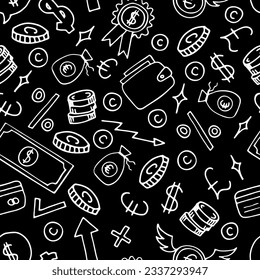 Hand drawn seamless pattern with business and finance elements. Investment. Doodle, sketch style. Money background. Vector illustration