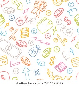 Hand drawn seamless pattern with business and finance elements. Investment. Doodle, sketch style. Money background. Vector illustration