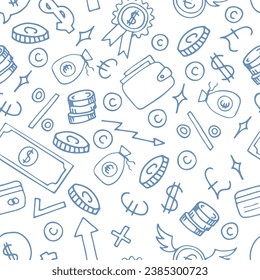 Hand drawn seamless pattern with business and finance elements. Investment. Doodle, sketch style. Money background. Vector illustration