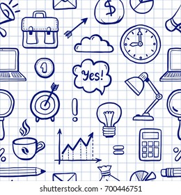 Hand drawn seamless pattern with business and finance doodle elements: money, document, calculator, coffee, diagram, pen, arrow. Vector illustration for wallpaper, background texture. Sketch design. 