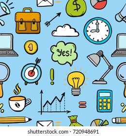 Hand drawn seamless pattern with business and finance doodle elements: money, document, calculator, coffee, diagram, pen, arrow. Vector illustration for wallpaper, background texture. Sketch design. 
