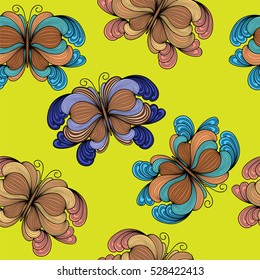 Hand drawn seamless pattern with butterflies.
Vintage background with colorful butterflies for textile, cover, wallpaper, gift packaging, printing, scrapbooking.