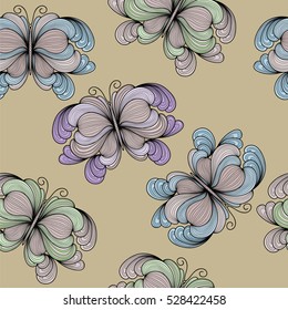 Hand drawn seamless pattern with butterflies.
Vintage background with colorful butterflies for textile, cover, wallpaper, gift packaging, printing, scrapbooking.