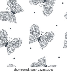 Hand drawn seamless pattern with butterfly on white background, vector illustration