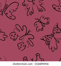 Hand drawn seamless pattern with butterfly on burgundy background, vector illustration