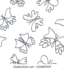 Hand drawn seamless pattern with butterfly on white background, vector illustration