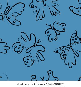 Hand drawn seamless pattern with butterfly on blue background, vector illustration