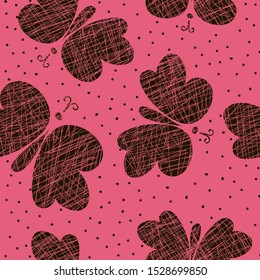 Hand drawn seamless pattern with butterfly on pink background, vector illustration