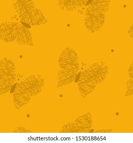 Hand drawn seamless pattern with butterfly on yellow background, vector illustration