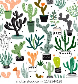 Hand drawn seamless pattern with cacti and succulents