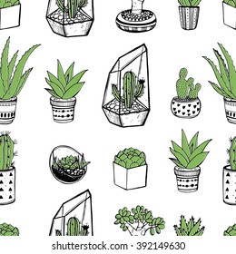 Hand drawn seamless pattern with cacti and succulents. White background