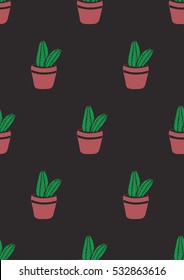 Hand drawn seamless pattern with cacti. Vector illustration in engraving style for decoration, cards, background, wrapping and design.