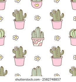 Hand drawn seamless pattern cactus with flower Printable for fabric Plant background