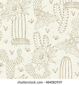 Hand drawn seamless pattern with cactus, succulent and butterfly. Fabric, cloth design, wallpaper, wrapping. Vector illustration.