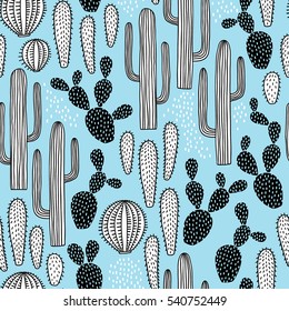 hand drawn seamless pattern with cactus