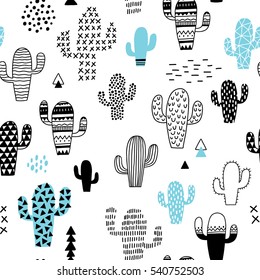 hand drawn seamless pattern with cactus