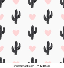 Hand drawn seamless pattern with cactus and hearts in black and pastel pink on white background.
