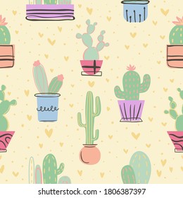 Hand drawn seamless pattern with cactuses in pots.Perfect for fabric,textile,cards,templates,poster,cover,wrapping paper. Nature elements illustration.Vector pastel background