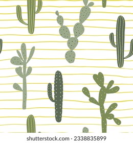 Hand drawn seamless pattern with cactuses and stripes