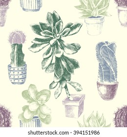 hand drawn seamless pattern with cactuses and succulents