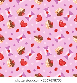 Hand drawn seamless pattern with cake, envelope, heart with wings, lips and heart shape. Stock image on a pink background.  