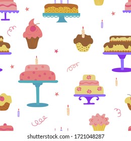 Hand drawn seamless pattern with cakes on white background.Happy Birthday,holiday. Vector Illustration