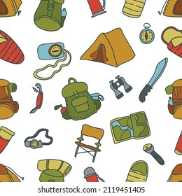 Hand drawn seamless pattern with camping equipment. Hiking, vacation and trekking travel seamless pattern.