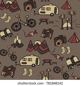 Hand drawn seamless pattern with camping equipment