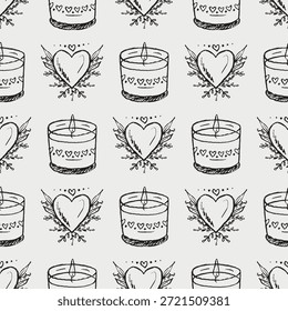 Dibujado a mano patrón sin fisuras con vela en la caja de cristal del tarro, y corazón con decoraciones florales. Papel de embalaje romántico, diseño de impresión. Ilustración de boceto de Vector en estilo vintage de carbón de crayón