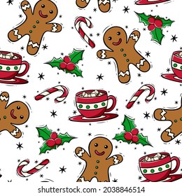 Hand drawn seamless pattern with candy cane, gingerbread man, holly berries and cup of cocoa with marshmallow in doodle style.