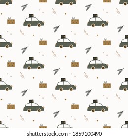 Hand drawn seamless pattern with car, gift boxes and fir branches. Winter wallpaper in Scandinavian style. Christmas time vector illustration.