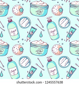 Hand drawn seamless pattern with care products. Cream tubes and bottles, sponge and mirror. Colorful illustration for banners, posters, leaflets and ads, Cute and retro style, cartoon