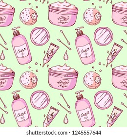 Hand drawn seamless pattern with care products. Cream tubes and bottles, sponge and mirror. Colorful illustration for banners, posters, leaflets and ads, Cute and retro style, cartoon