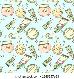 Hand drawn seamless pattern with care products. Cream tubes and bottles, sponge and mirror. Colorful illustration for banners, posters, leaflets and ads, Cute and retro style, cartoon