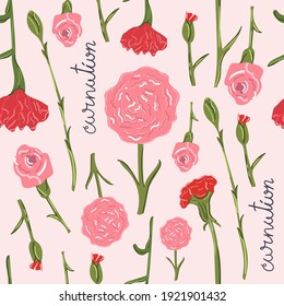 Hand drawn seamless pattern of carnation flowers. Flat illustration.