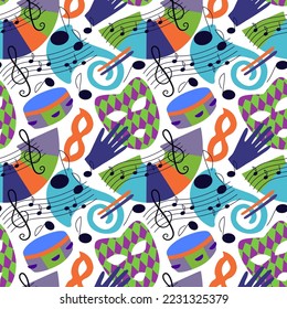 Hand drawn seamless pattern with carnival masks, hands, 
trombone, drum and colourful abstract elements. White backgroud. Orange, green, blue, purple colors. For new year prints, textiles, paper.