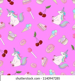 Hand drawn seamless pattern in a cartoon style. Includes sweets - ice cream, cakes, cupcakes, donuts, lollipops, cherries. Contains fantasy elements - unicorns. Colorful purple background.