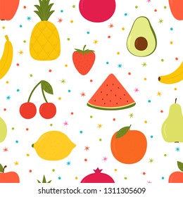 Hand drawn seamless pattern with cartoon fruits. Creative trendy background. Modern stylish texture. Great for fabric, textile, wrapping. Vector illustration