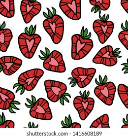 Hand drawn seamless pattern of cartoon sliced strawberries on white background. Stylized linear cartoon doodle.