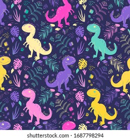 Hand Drawn Seamless pattern of Cartoon Dinosaur for girls, boys, clothes. Funny aleontology wallpaper for textile and fabric. Paleontology style.