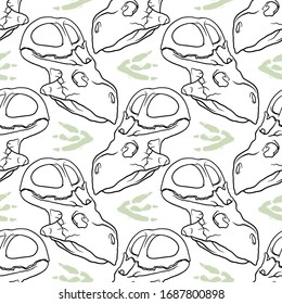 Hand Drawn Seamless pattern of Cartoon Dinosaur Skull for girls, boys, clothes. Funny aleontology wallpaper for textile and fabric. Paleontology style.