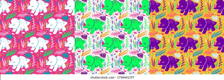 Hand Drawn Seamless pattern of Cartoon Dinosaur for girls, boys, clothes. Funny aleontology wallpaper for textile and fabric. Paleontology style.