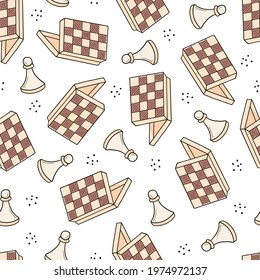 Hand drawn seamless pattern of cartoon chess game pieces. Doodle sketch style. Isolated vector illustration for a chess club, tournaments, course wallpaper, background, textile design.
