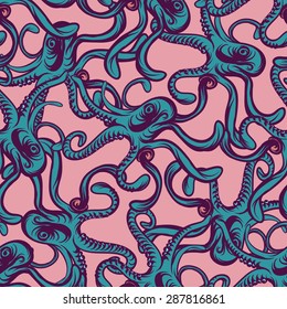 Hand drawn seamless pattern with cartoon octopus. Vector line art.