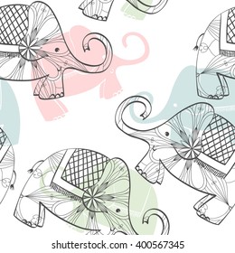 Hand drawn seamless pattern with cartoon elephant.