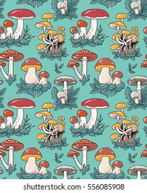 Hand drawn seamless pattern with cartoon mushroom and toadstools. Vector illustration for fabric or wrap paper design.