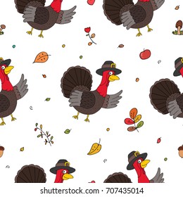 Hand drawn seamless pattern with Cartoon Turkey. Pattern print for kids