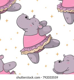 hand drawn seamless pattern with cartoon hippo dancing ballet in a tutu isolated on white background. outline vector illustration. dancing animals.Children's illustration vector