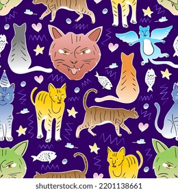 Hand drawn seamless pattern of cat elements in childish style on blue background.